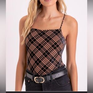 Lulu’s Coy Refinement Black and Tan Houndstooth Velvet Bodysuit